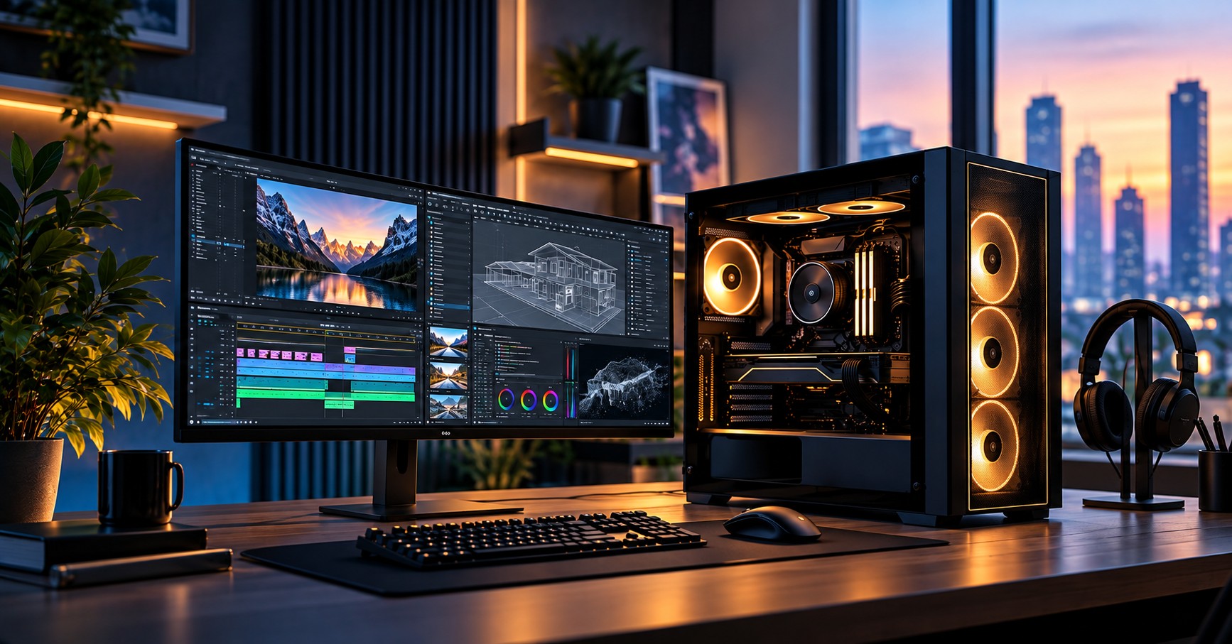 High-performance desktop PC with a professional workstation setup, dual monitors, and illuminated components in a modern office.